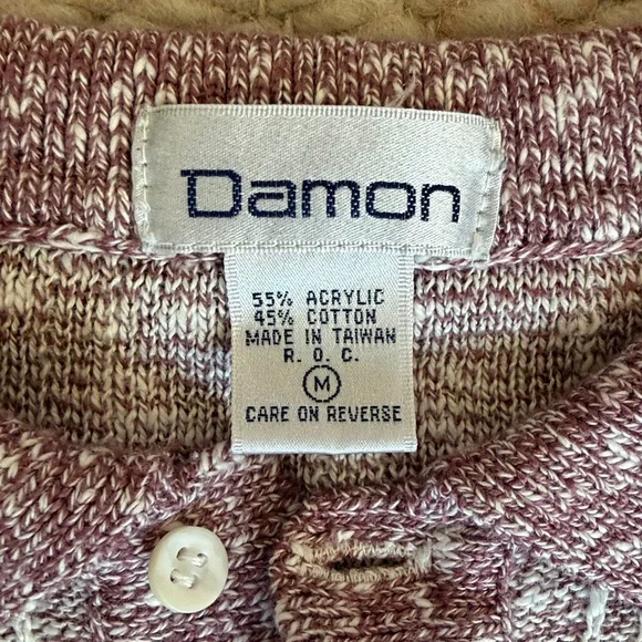 Vintage 70s Textured Weave Damon Men's Burgundy & White Yarn Knit Polo Shirt - Picture 3 of 7